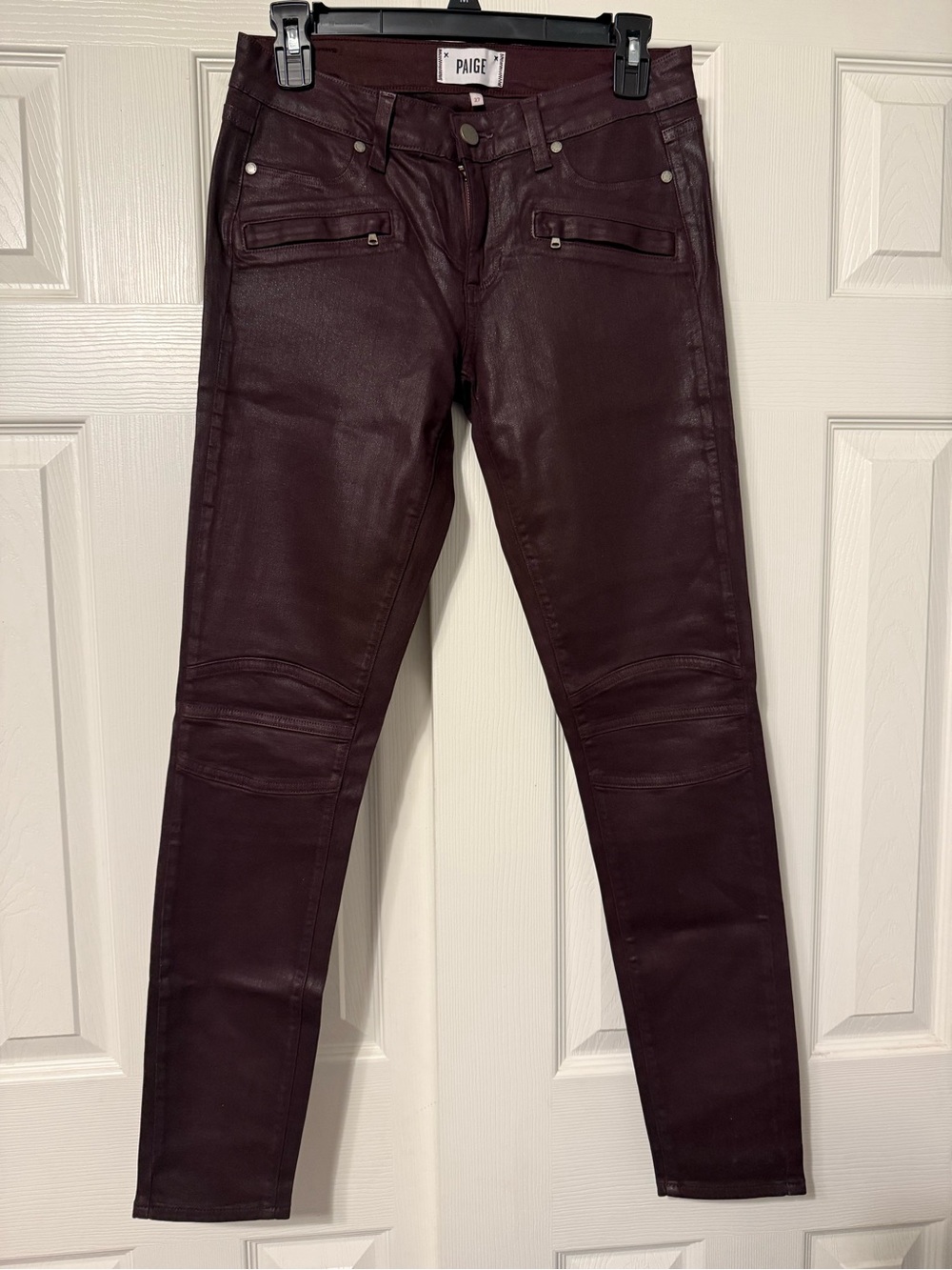 PAIGE Burgundy Coated Skinny Jeans with Moto Stitching